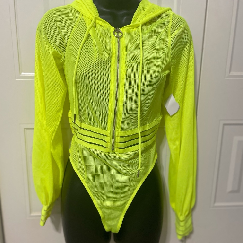 Neon hooded mesh bodysuit